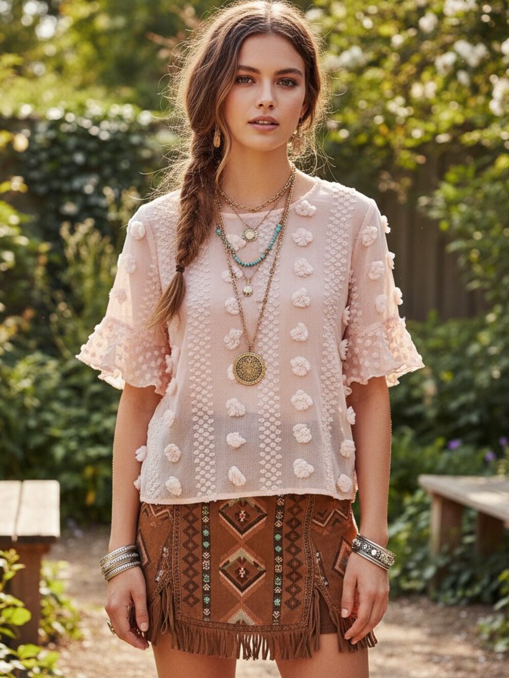 Womens L Top Pink Textured Sheer SS Embellished Ruffle Boho Coquette Pastel